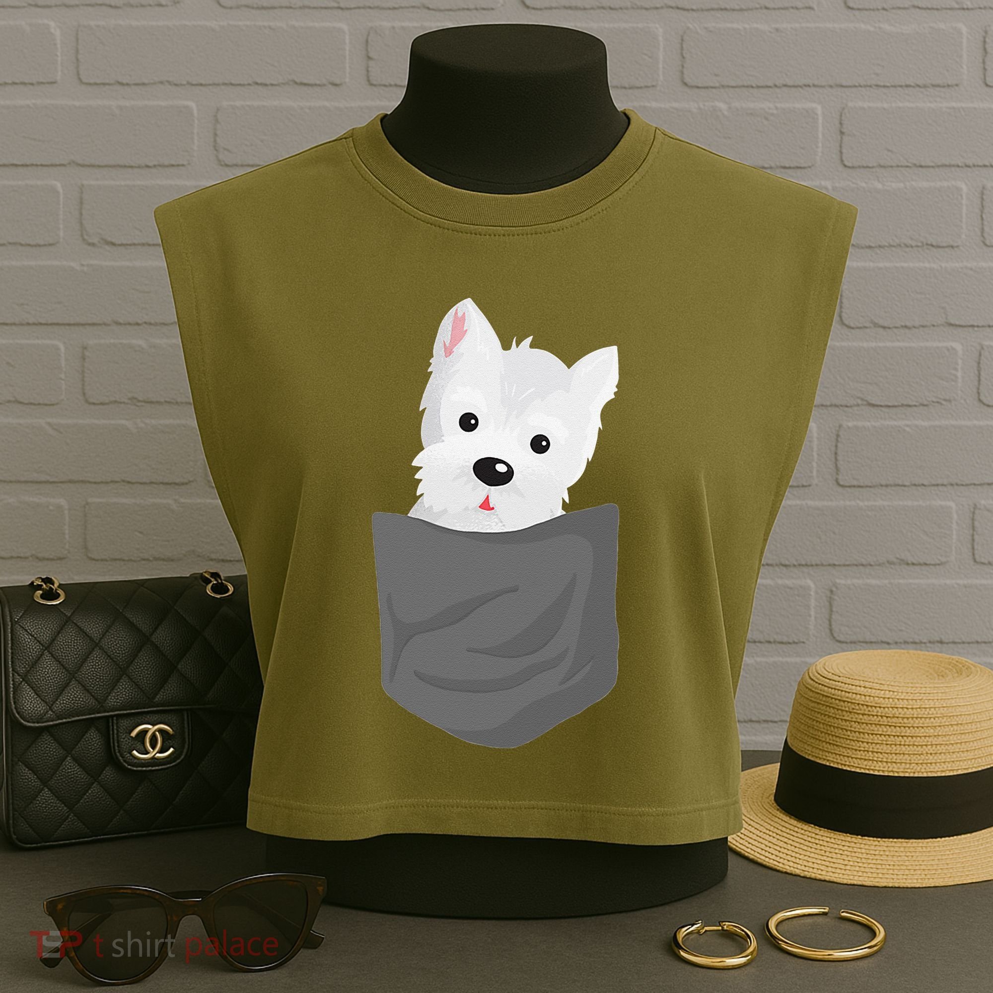 Dog In A Pocket Cute Westie Terrier Lover Puppy Garment-Dyed Women's Muscle Tee