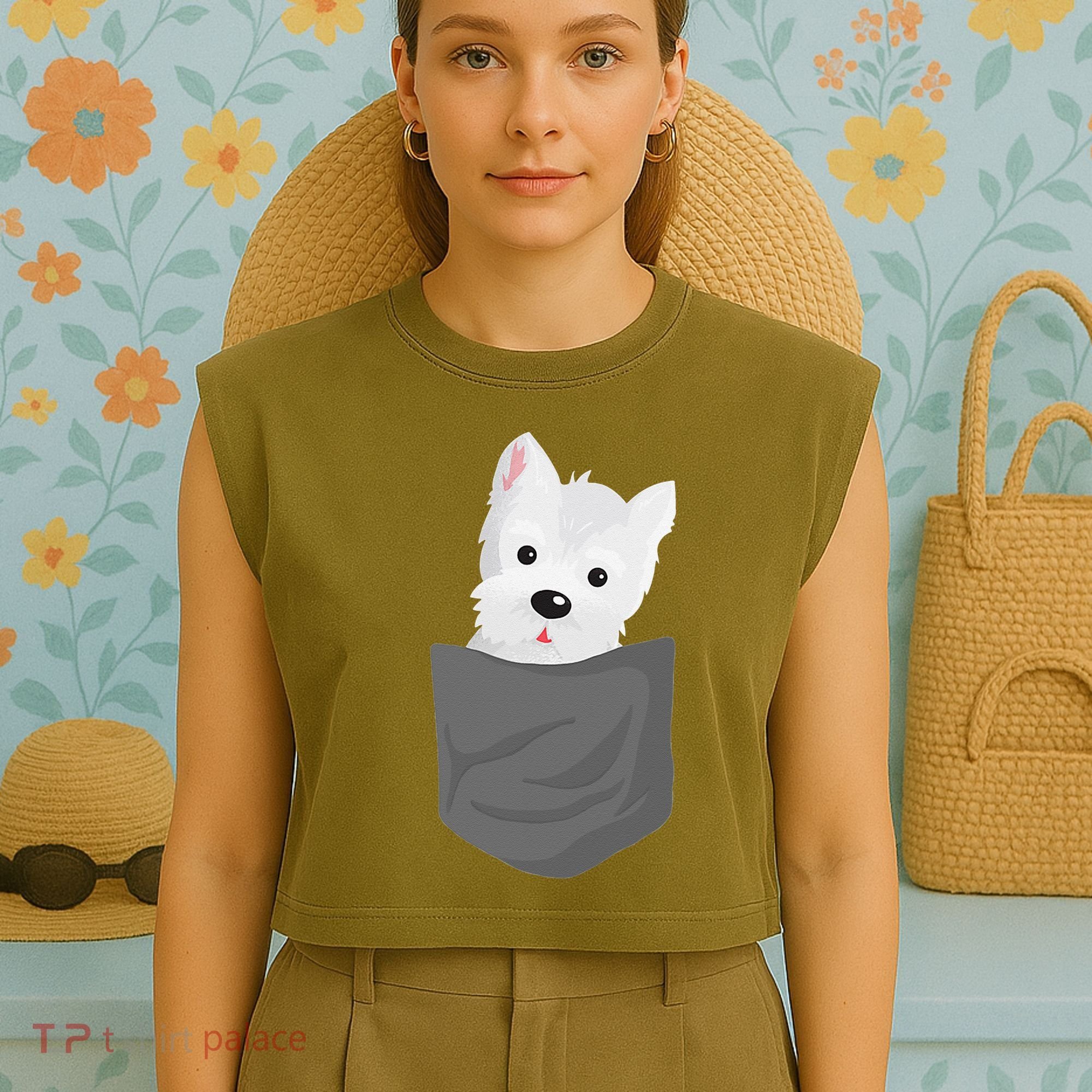Dog In A Pocket Cute Westie Terrier Lover Puppy Garment-Dyed Women's Muscle Tee