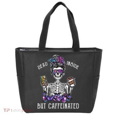 Dead Inside But Caffeinated Skeleton Flower Coffee Lover Tote Bag