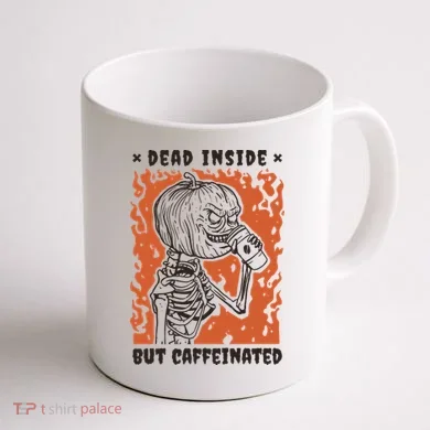 Dead Inside But Caffeinated Pumpkin Skeleton Coffee Mug back