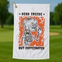 Dead Inside But Caffeinated Pumpkin Skeleton Golf Towel thumb 1