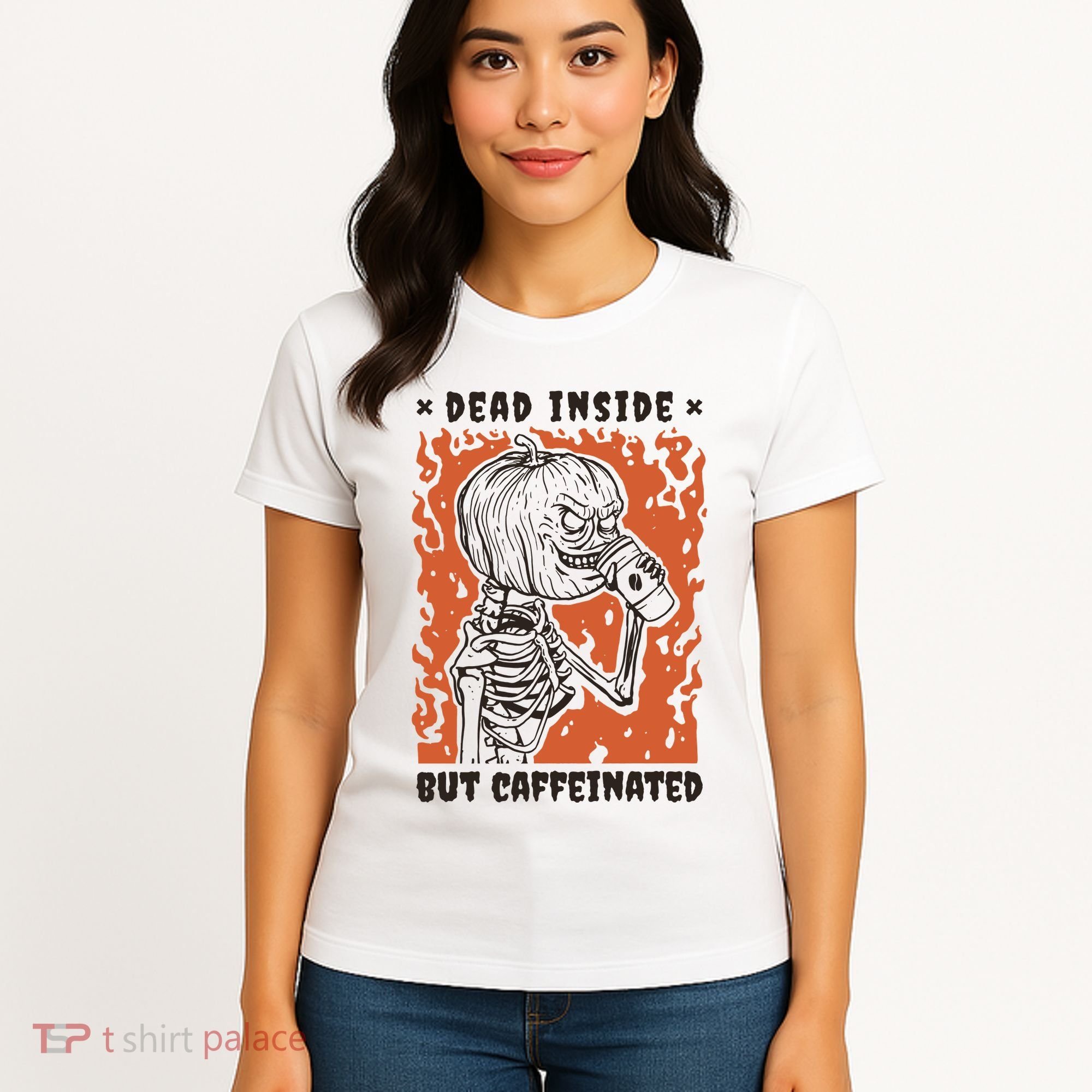 Dead Inside But Caffeinated Pumpkin Skeleton Women's T-Shirt