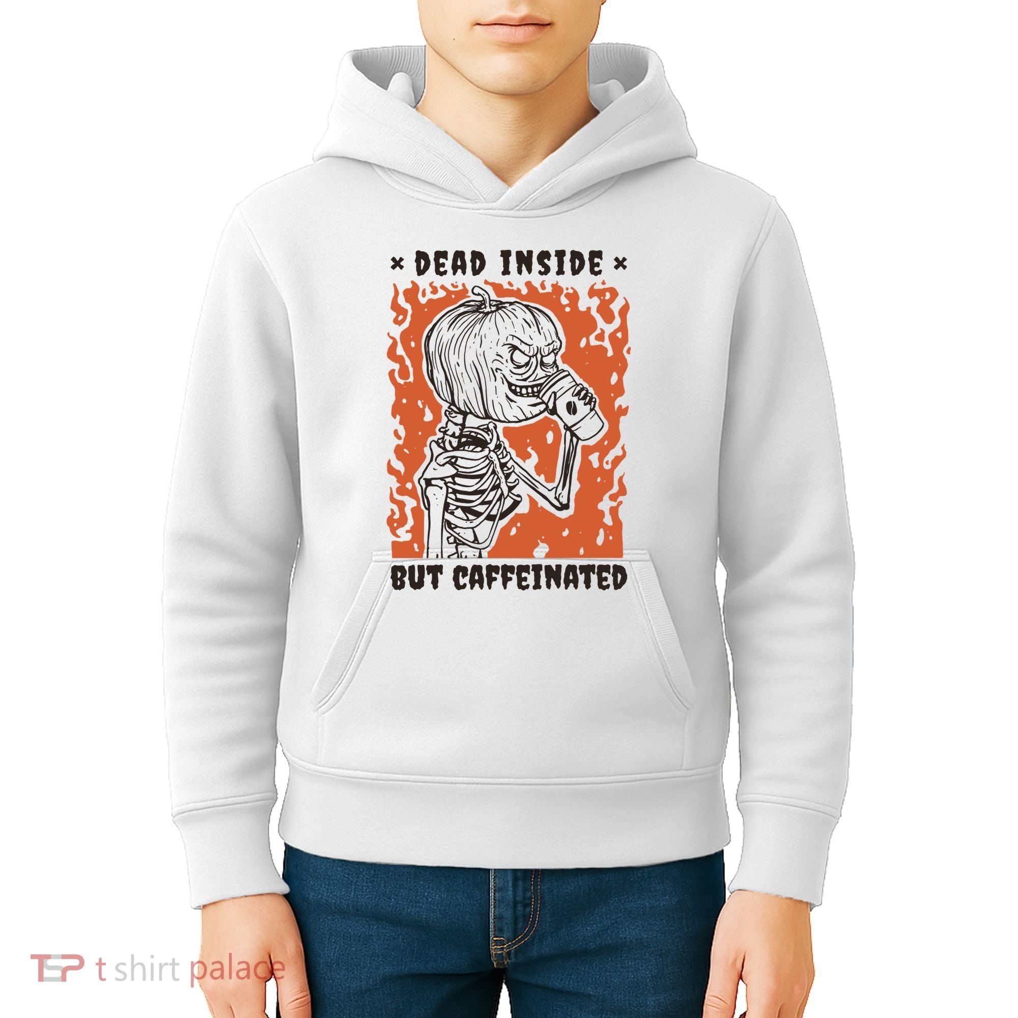 Dead Inside But Caffeinated Pumpkin Skeleton Kids Hoodie