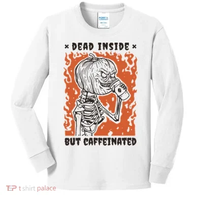 Dead Inside But Caffeinated Pumpkin Skeleton Kids Long Sleeve Shirt