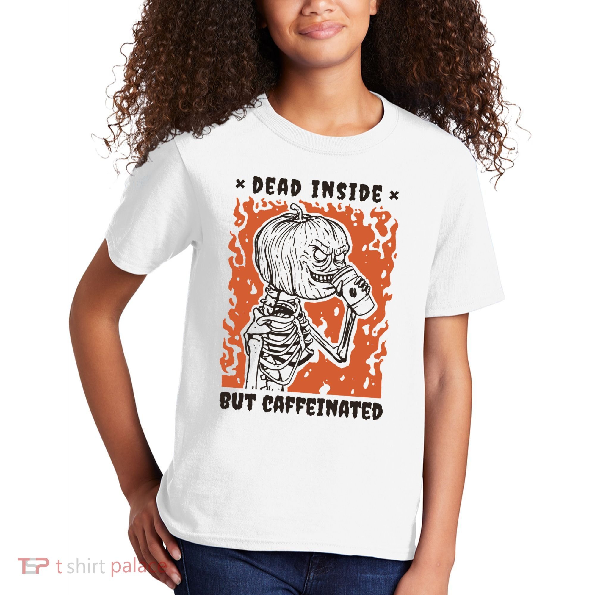 Dead Inside But Caffeinated Pumpkin Skeleton Kids T-Shirt