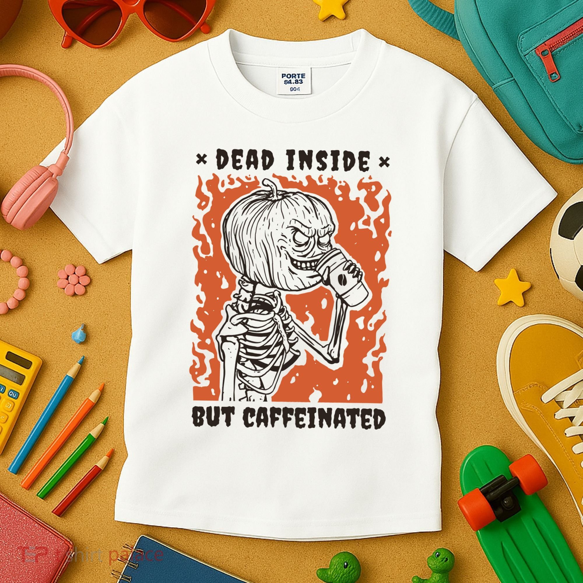 Dead Inside But Caffeinated Pumpkin Skeleton Kids T-Shirt