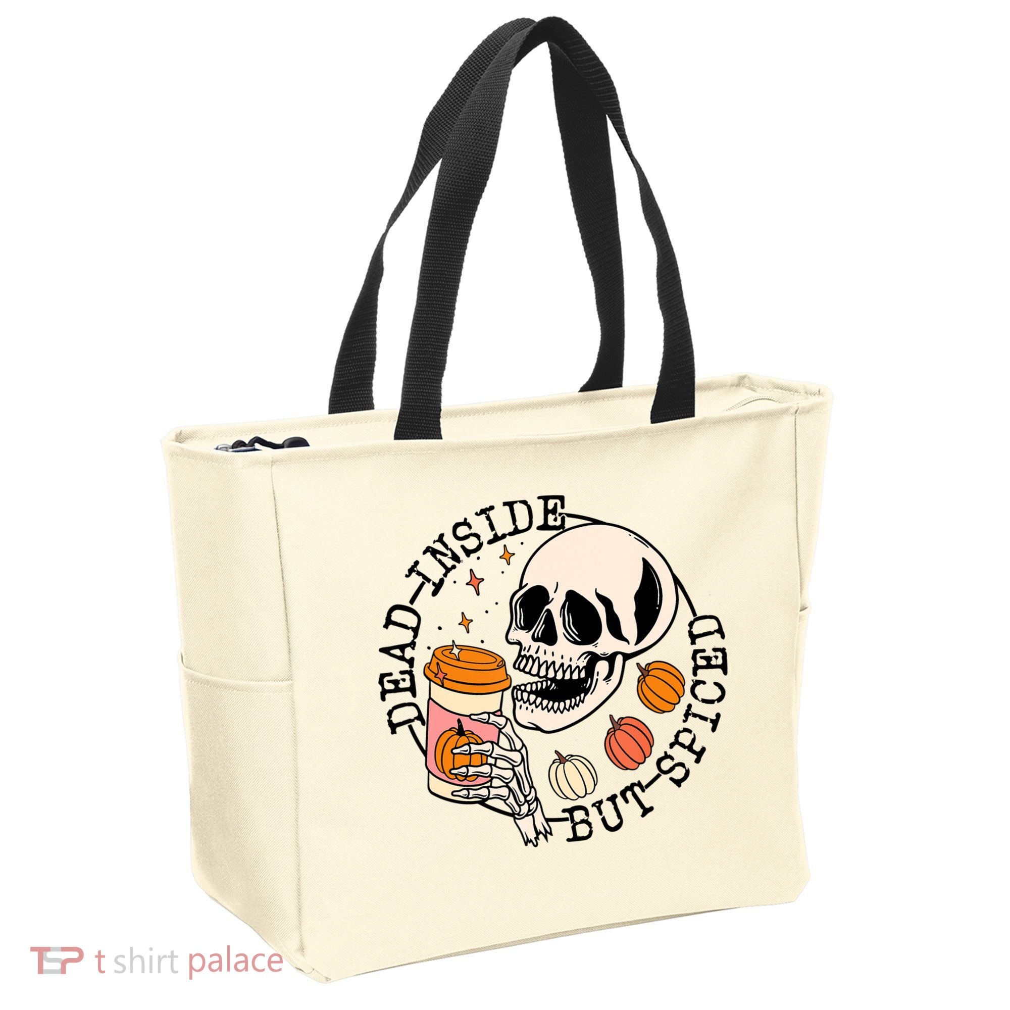 Dead Inside But Spiced Skull Pumpkin Latte Fall Thanksgiving Tote Bag