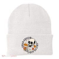 Dead Inside But Spiced Skull Pumpkin Latte Fall Thanksgiving Beanie thumb 0