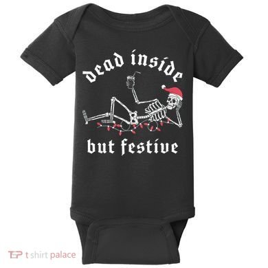 Dead Inside But Festive Christmas Skeleton Drinking Love Baby Bodysuit