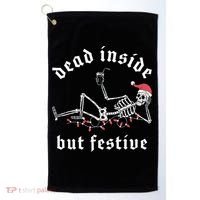 Dead Inside But Festive Christmas Skeleton Drinking Love Golf Towel thumb 0