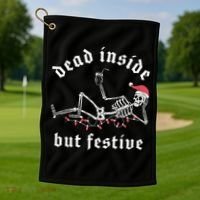 Dead Inside But Festive Christmas Skeleton Drinking Love Golf Towel thumb 1