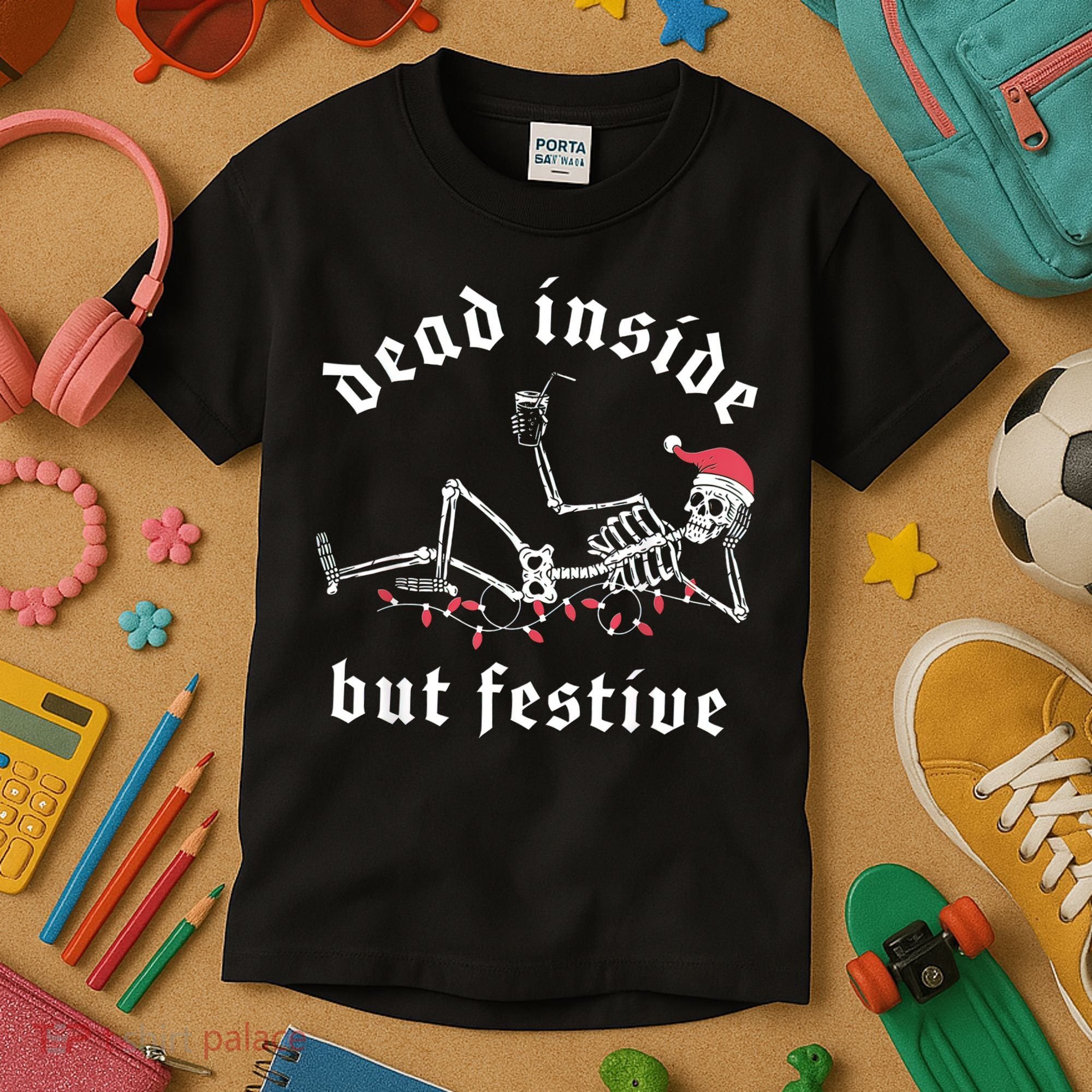 Dead Inside But Festive Christmas Skeleton Drinking Love Kids T-Shirt