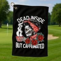 Dead Inside But Caffeinated Skeleton Coffee Golf Towel thumb 1