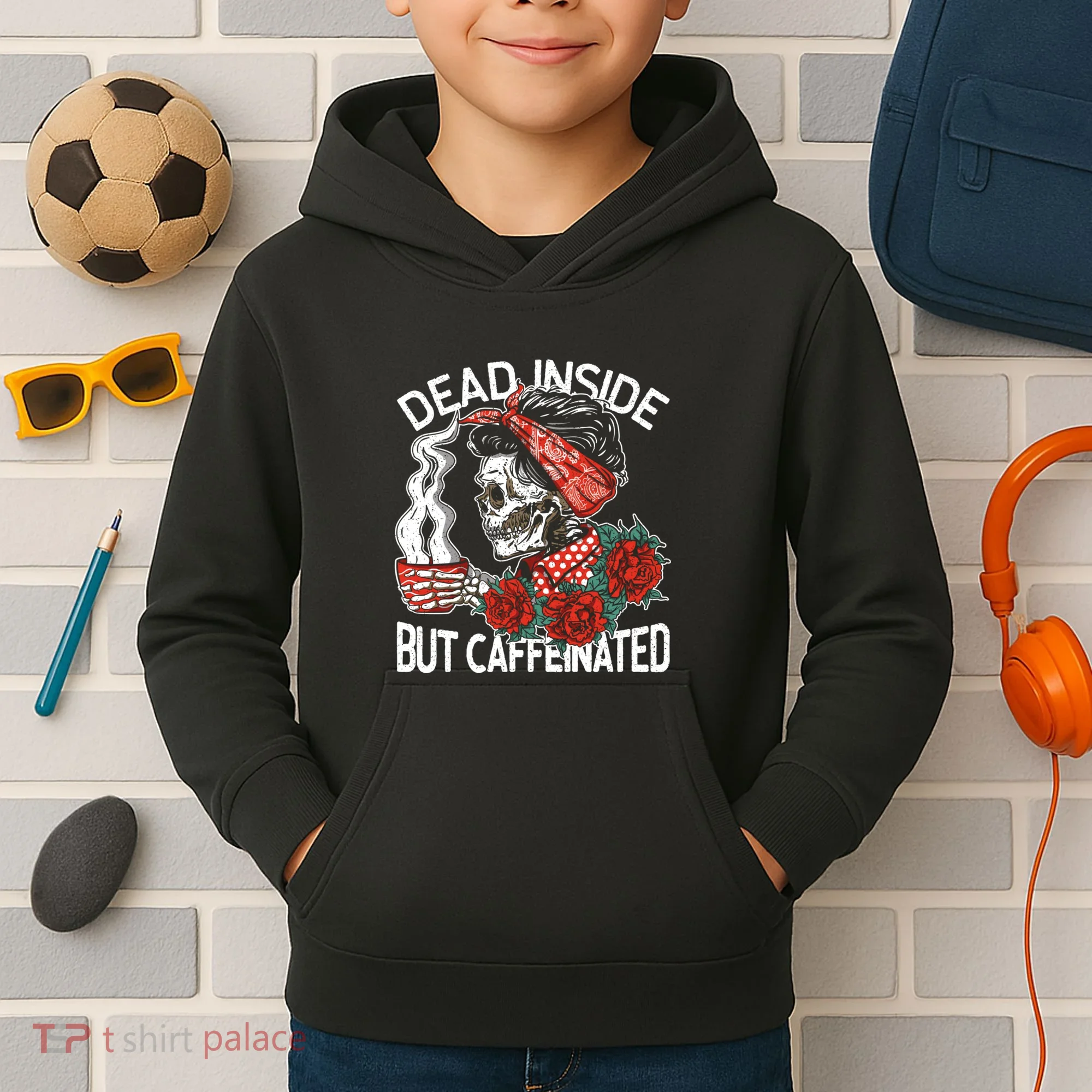 Dead Inside But Caffeinated Skeleton Coffee Kids Hoodie
