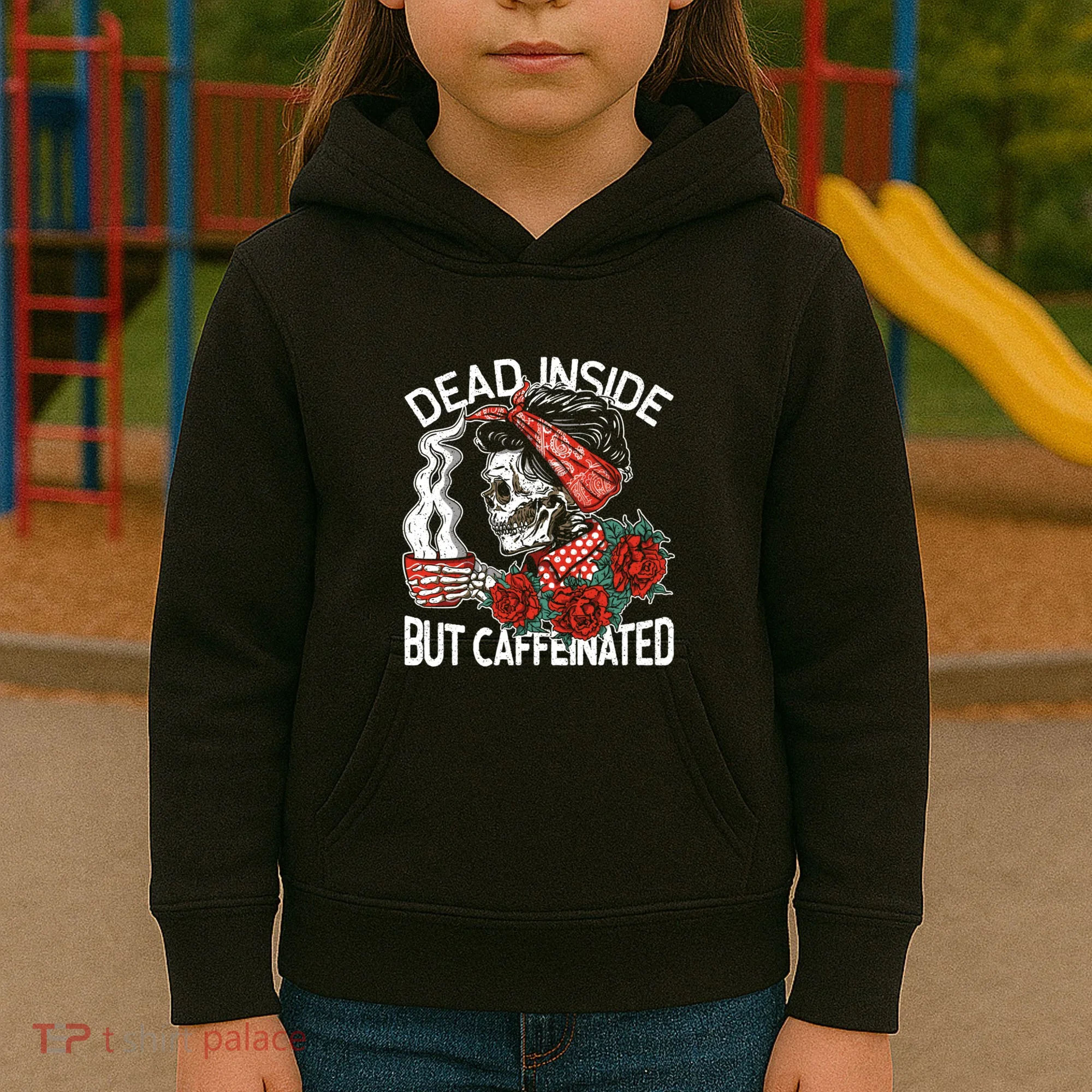 Dead Inside But Caffeinated Skeleton Coffee Kids Hoodie