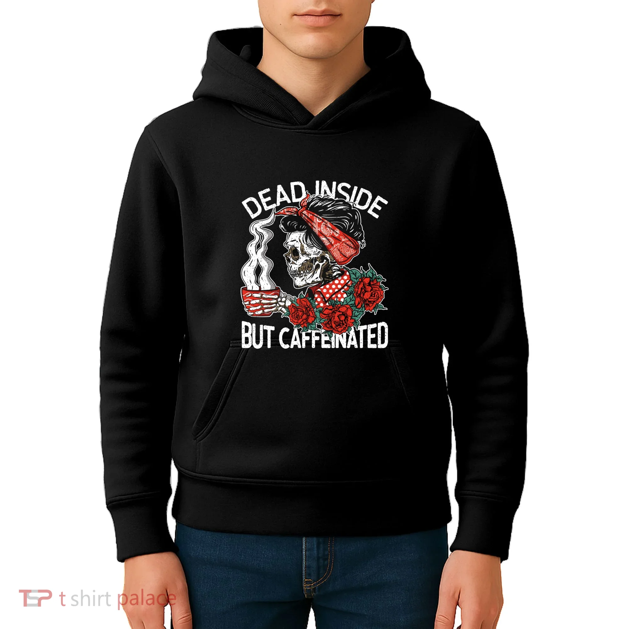 Dead Inside But Caffeinated Skeleton Coffee Kids Hoodie