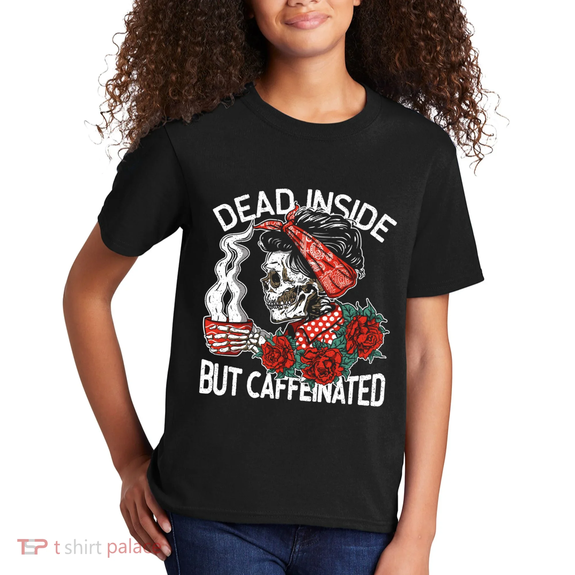 Dead Inside But Caffeinated Skeleton Coffee Kids T-Shirt