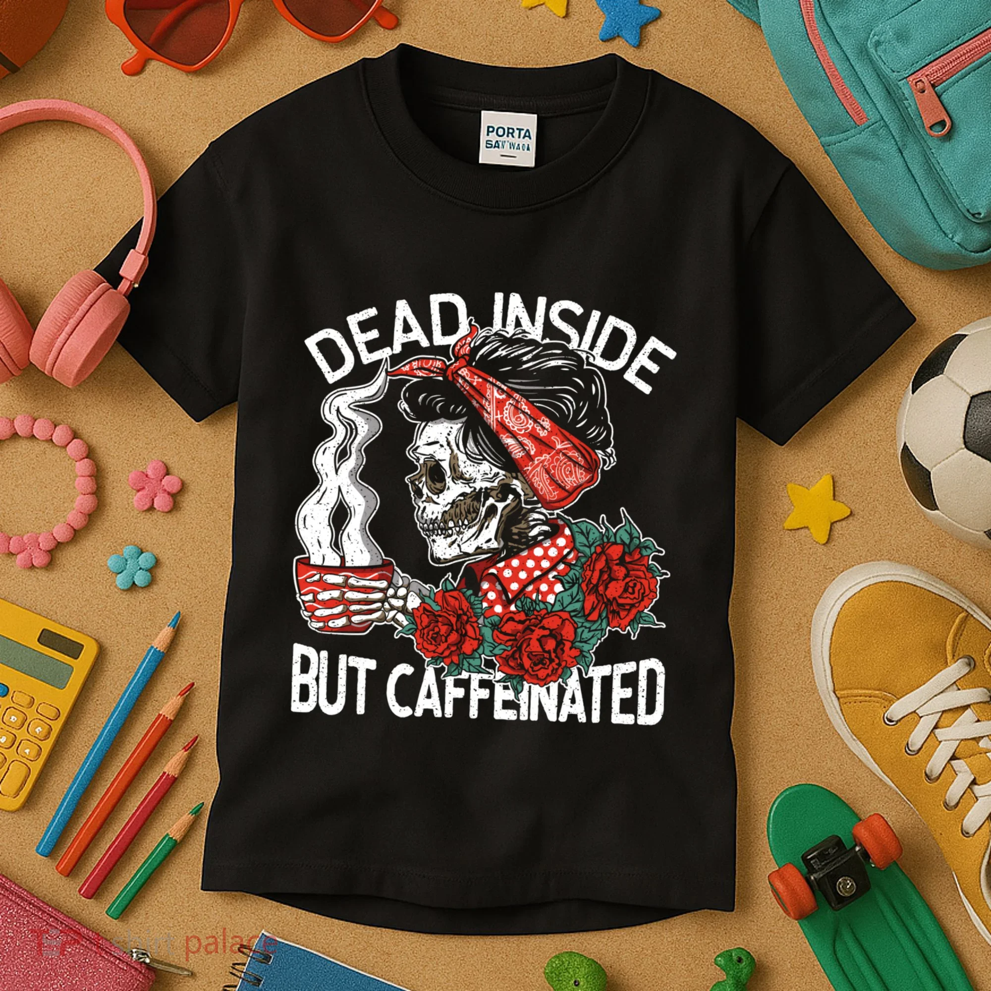 Dead Inside But Caffeinated Skeleton Coffee Kids T-Shirt