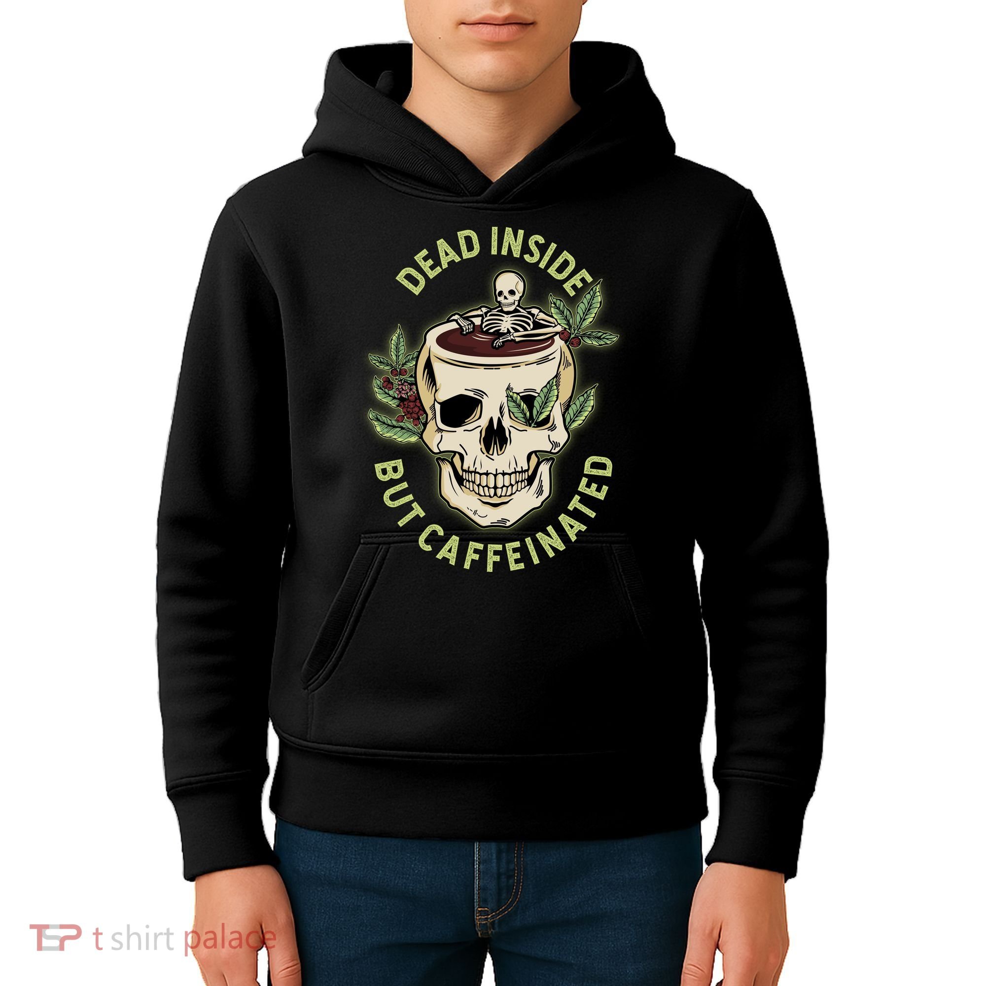 Dead Inside But Caffeinated Coffee Lover Skull Skeleton Kids Hoodie