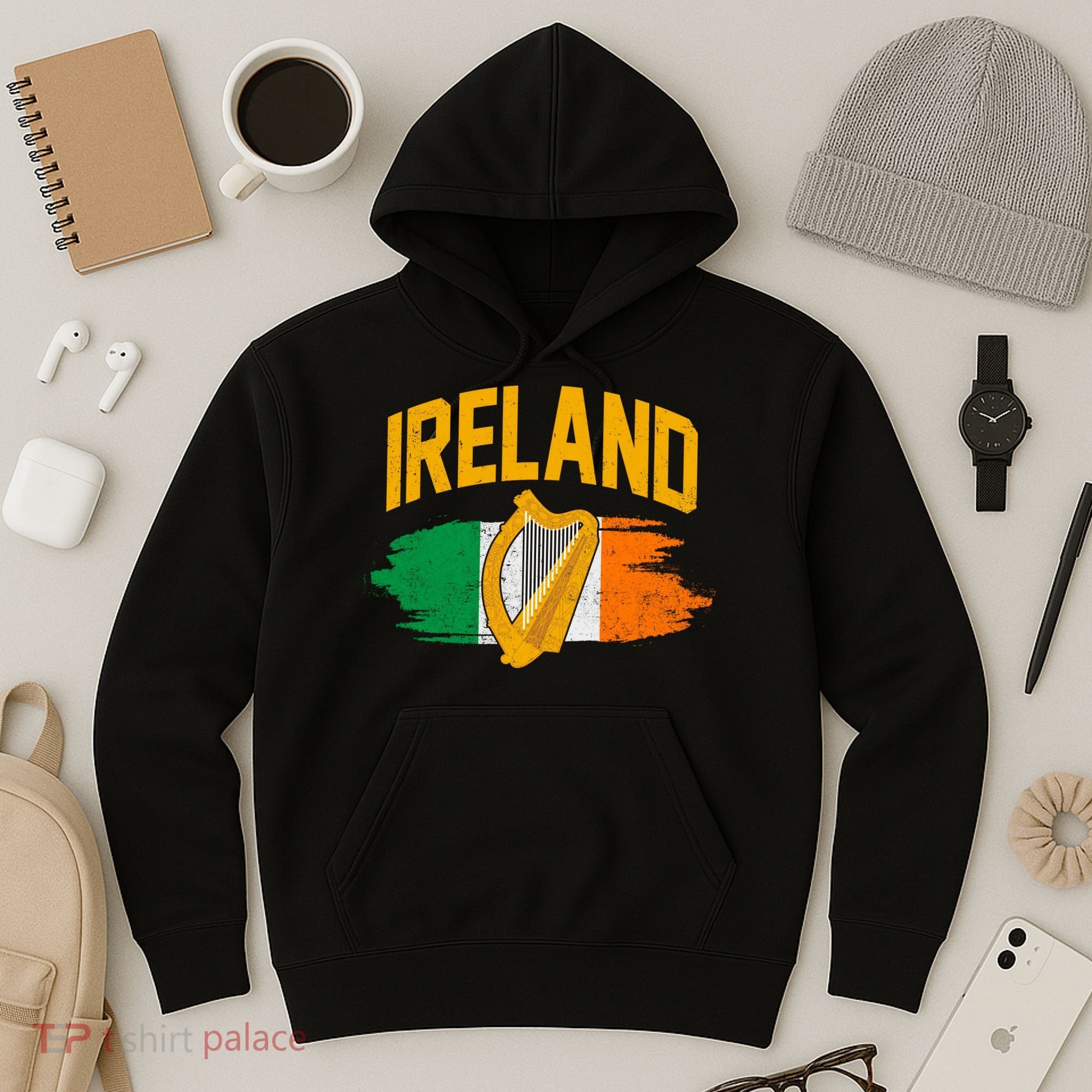 Distressed Ireland Coat Of Arms Harp Flag Hoodie