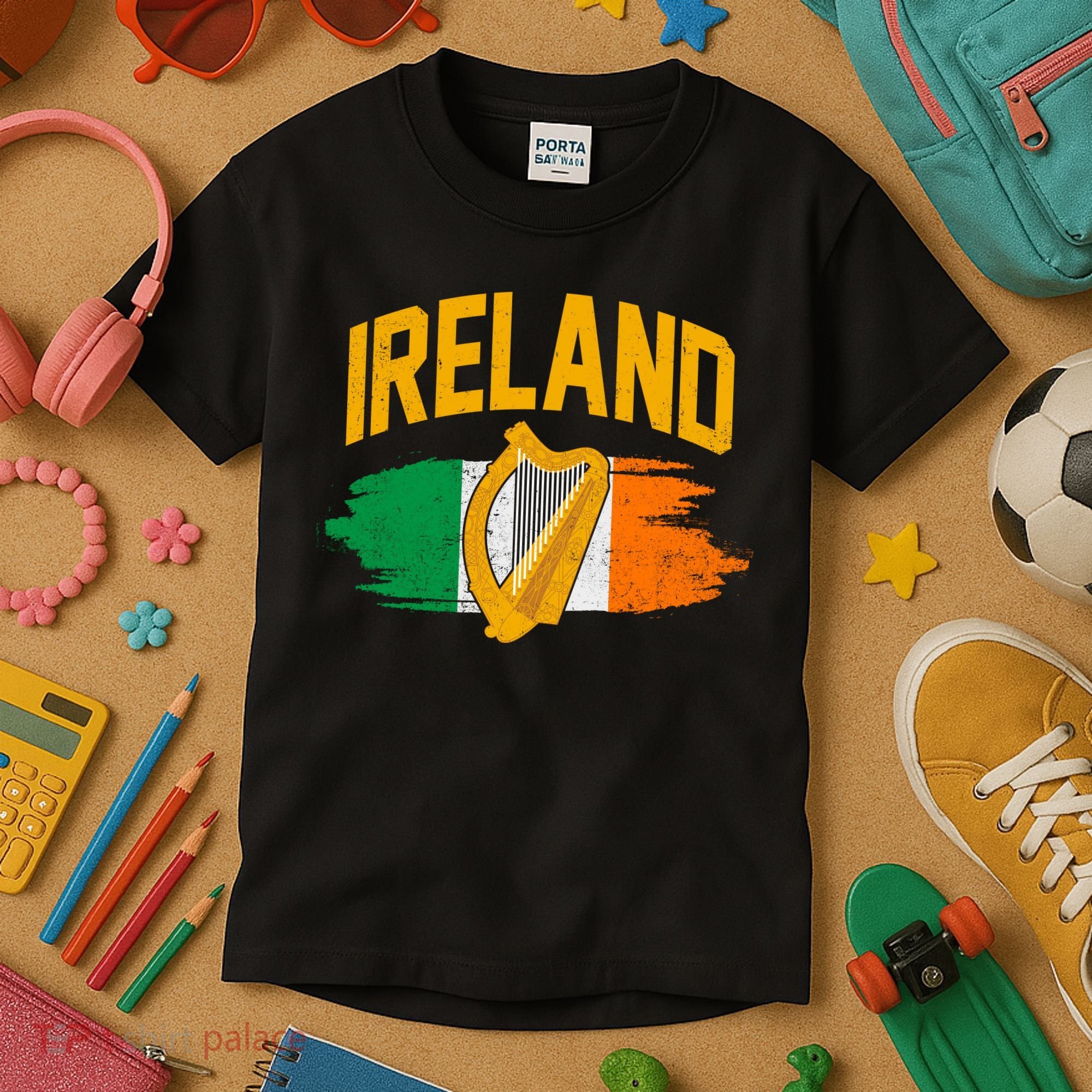 Distressed Ireland Coat Of Arms Harp Flag Kids T-Shirt