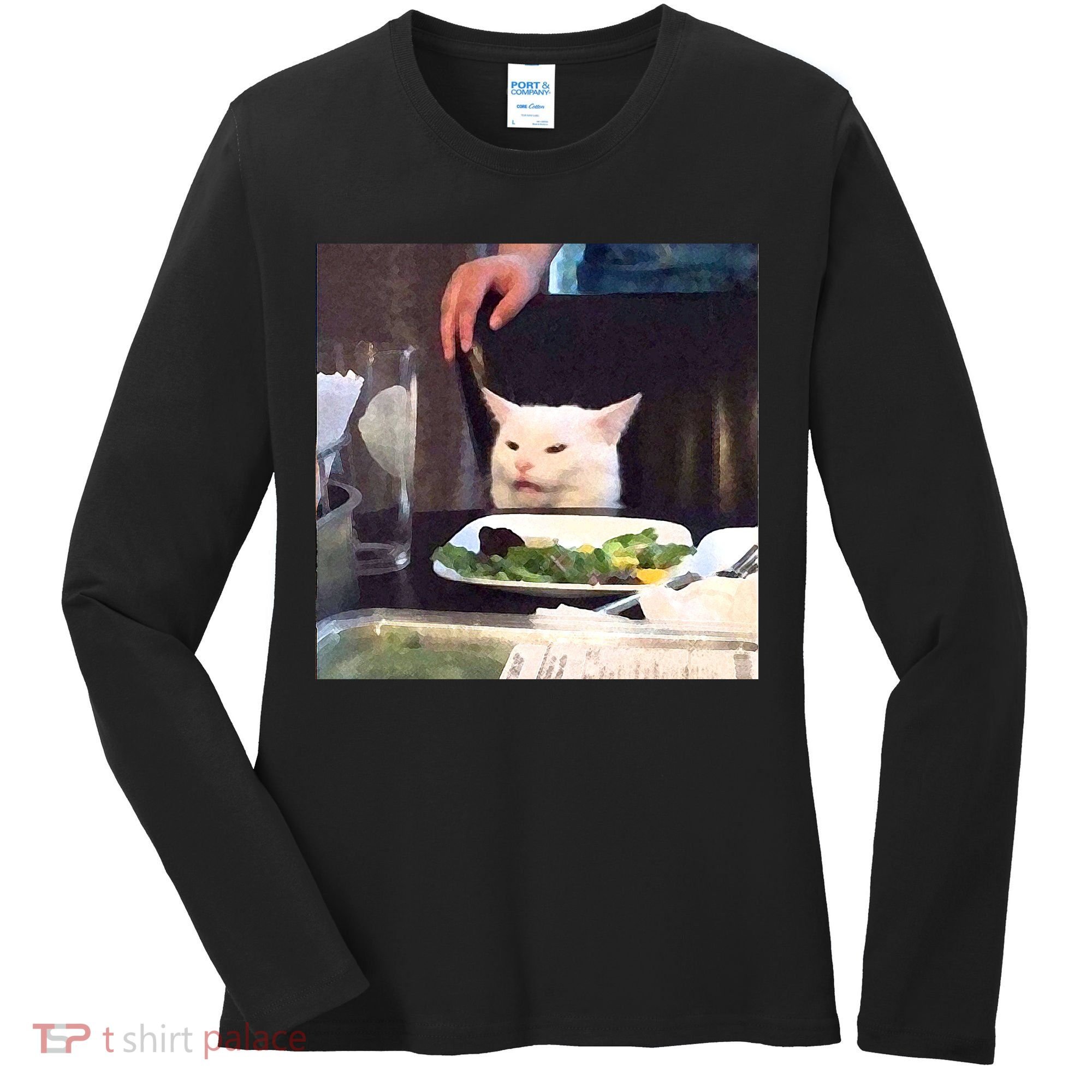 Dinner Table Cat Meme Funny Internet Yelling Women's Long Sleeve Shirt