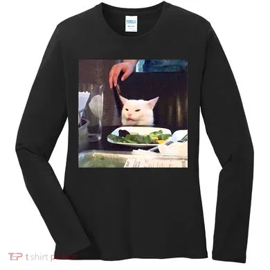 Dinner Table Cat Meme Funny Internet Yelling Women's Long Sleeve Shirt