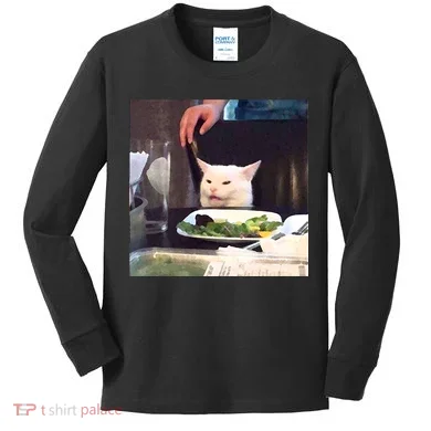 Dinner Table Cat Meme Funny Internet Yelling Kids Long Sleeve Shirt
