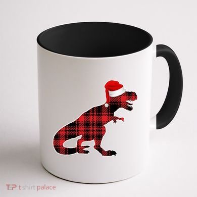 Dinosaur Santa Plaid Coffee Mug back
