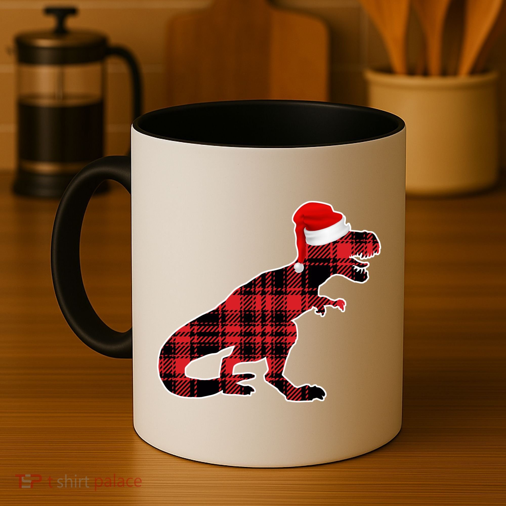Dinosaur Santa Plaid Coffee Mug