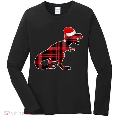 Dinosaur Santa Plaid Women's Long Sleeve Shirt