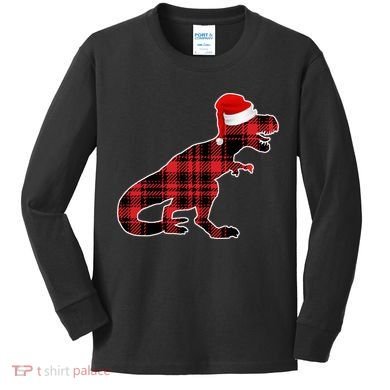Dinosaur Santa Plaid Kids Long Sleeve Shirt