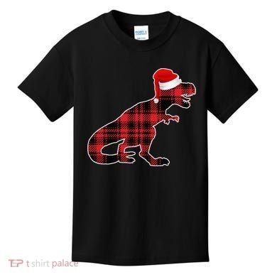 Dinosaur Santa Plaid Kids T-Shirt