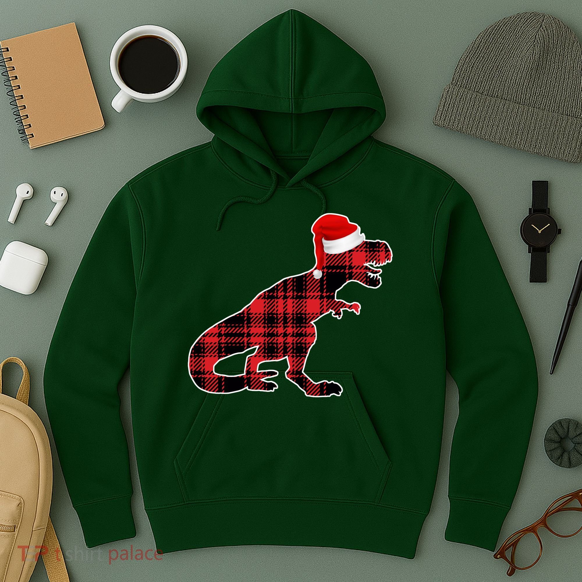 Dinosaur Santa Plaid Hoodie