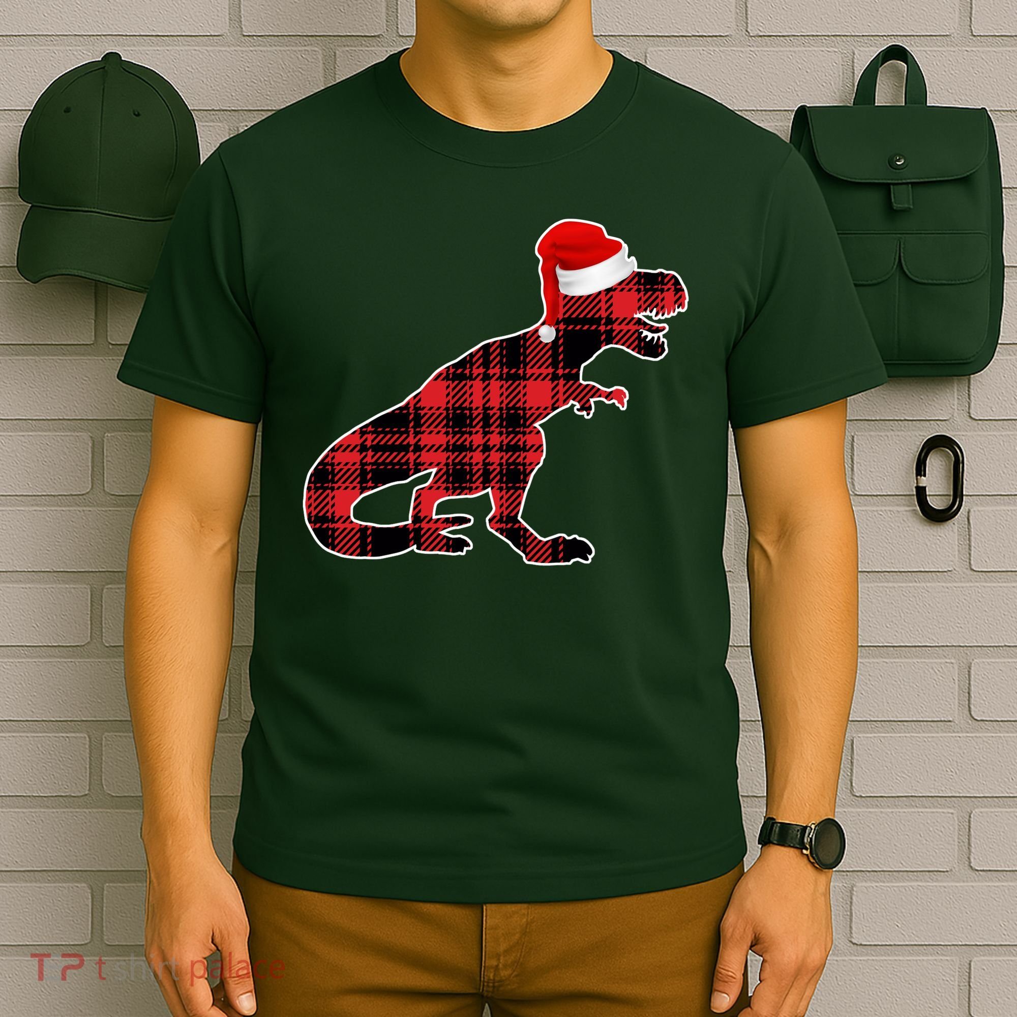 Dinosaur Santa Plaid T-Shirt