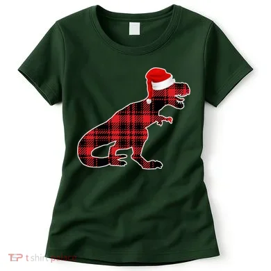 Dinosaur Santa Plaid Women's T-Shirt