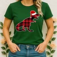 Dinosaur Santa Plaid Women's T-Shirt thumb 2