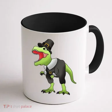 Dinosaur Thanksgiving Pilgrim Coffee Mug back