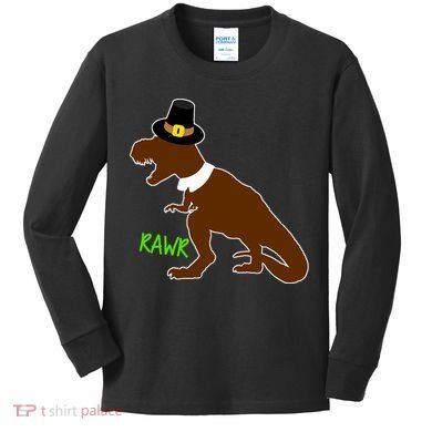 Dinosaur Thanksgiving T-Rex Pilgrim Kids Long Sleeve Shirt