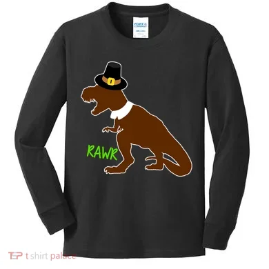 Dinosaur Thanksgiving T-Rex Pilgrim Kids Long Sleeve Shirt