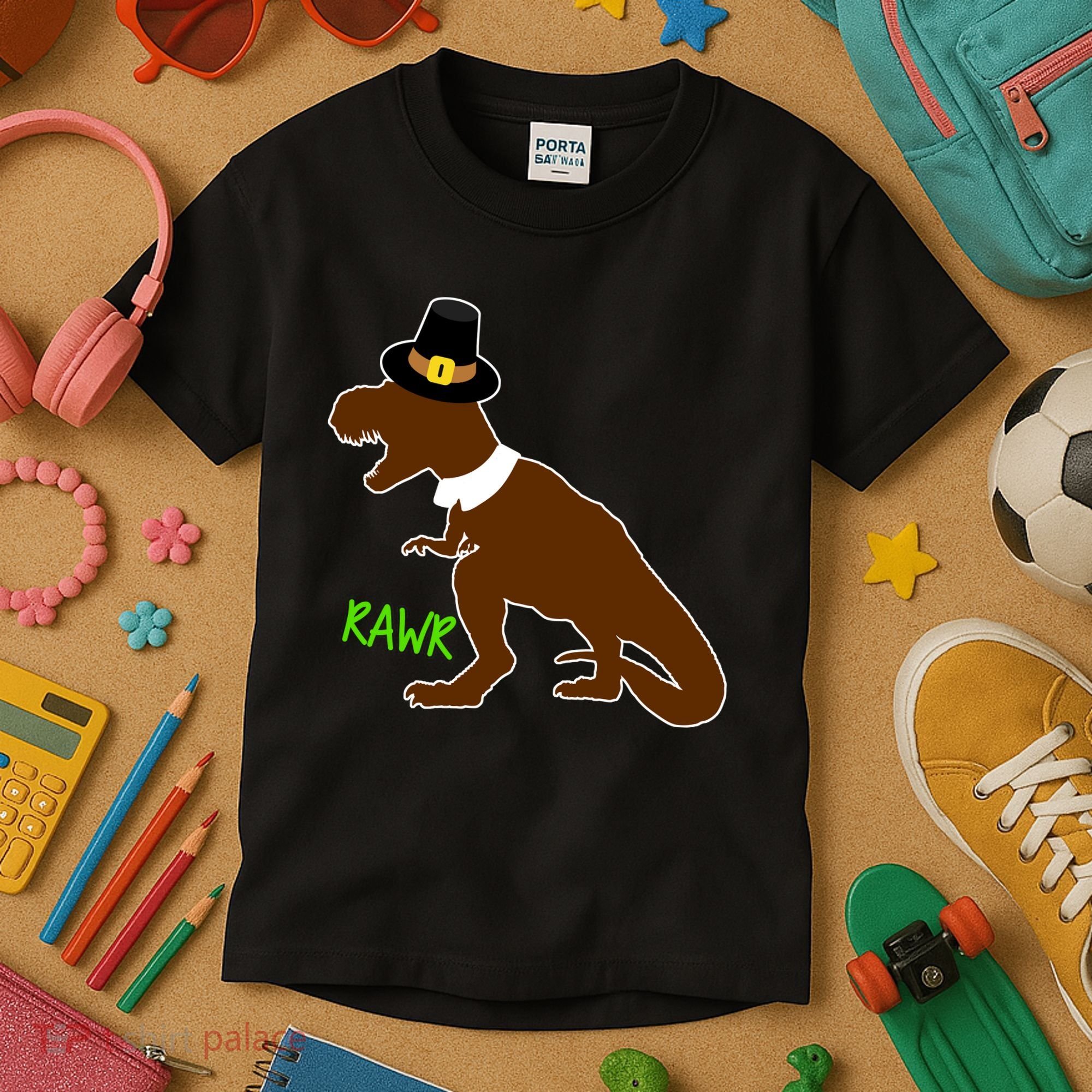 Dinosaur Thanksgiving T-Rex Pilgrim Kids T-Shirt