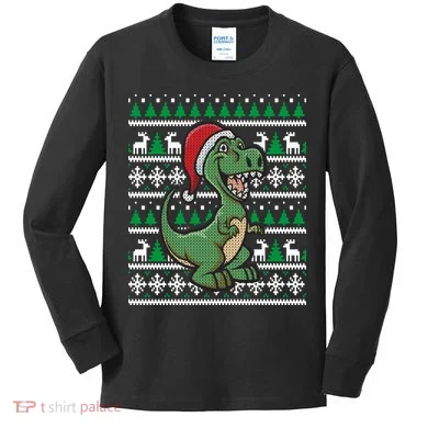 Dinosaur Ugly Christmas Kids Long Sleeve Shirt