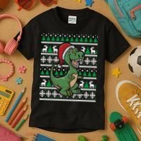 Dinosaur Ugly Christmas Kids T-Shirt thumb 3