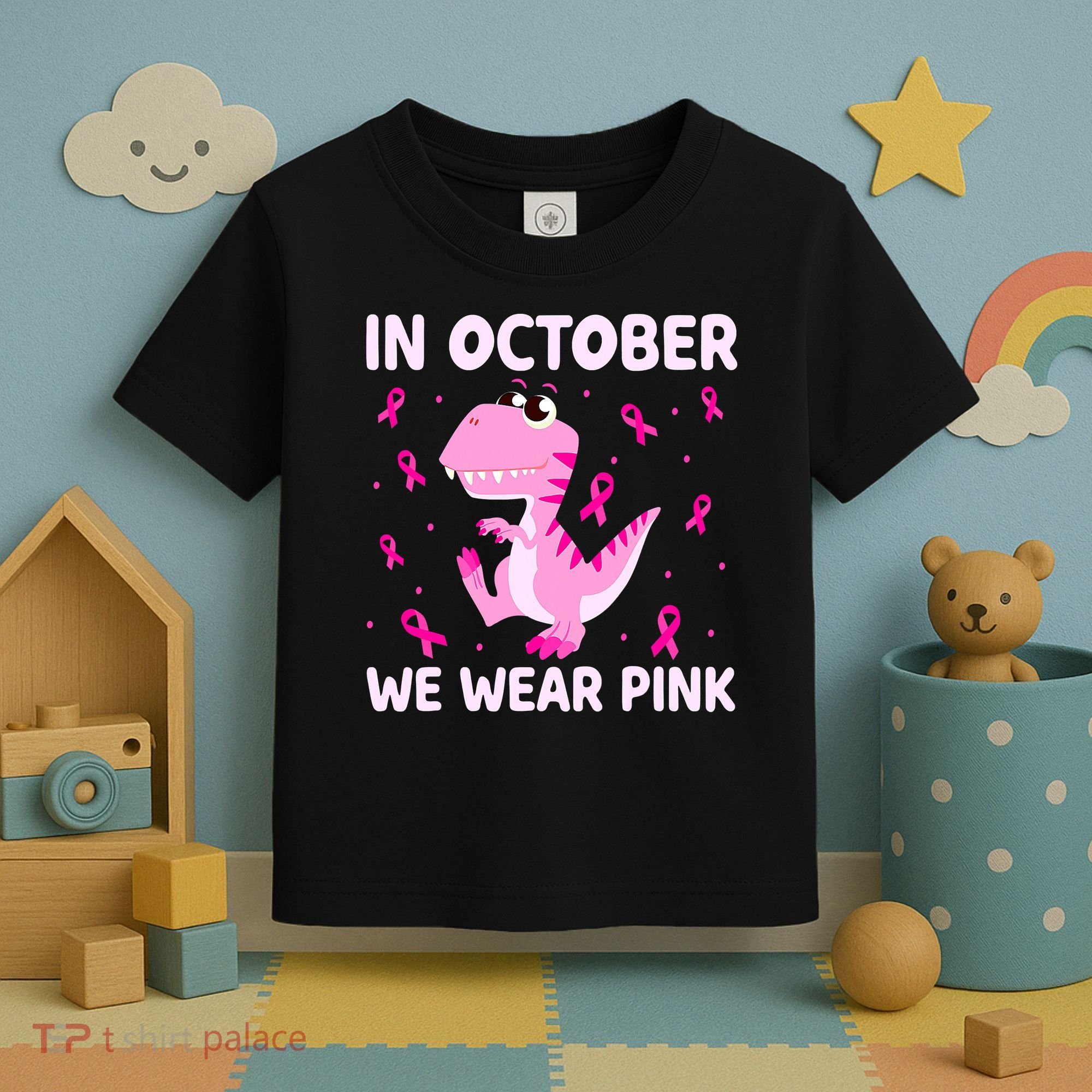 Dinosaur In October We Wear Pink Breast Cancer Boys Toddler T-Shirt