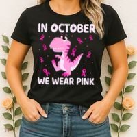Dinosaur In October We Wear Pink Breast Cancer Boys Women's T-Shirt thumb 2
