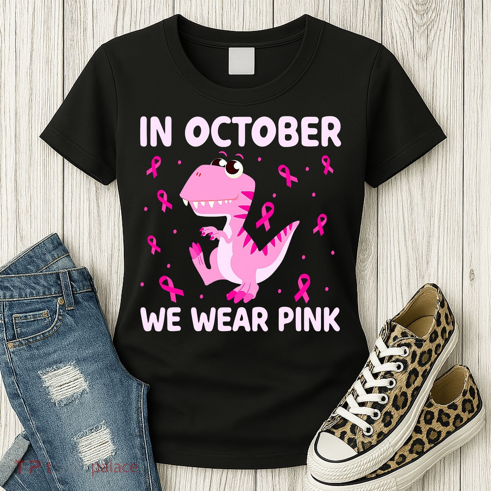 Dinosaur In October We Wear Pink Breast Cancer Boys Women's T-Shirt