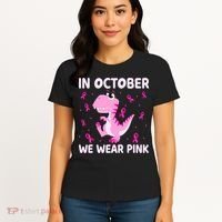 Dinosaur In October We Wear Pink Breast Cancer Boys Women's T-Shirt thumb 4