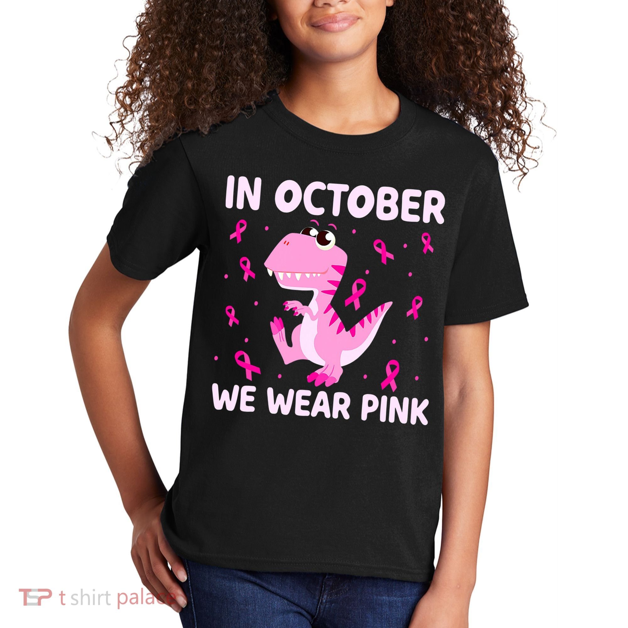 Dinosaur In October We Wear Pink Breast Cancer Boys Kids T-Shirt