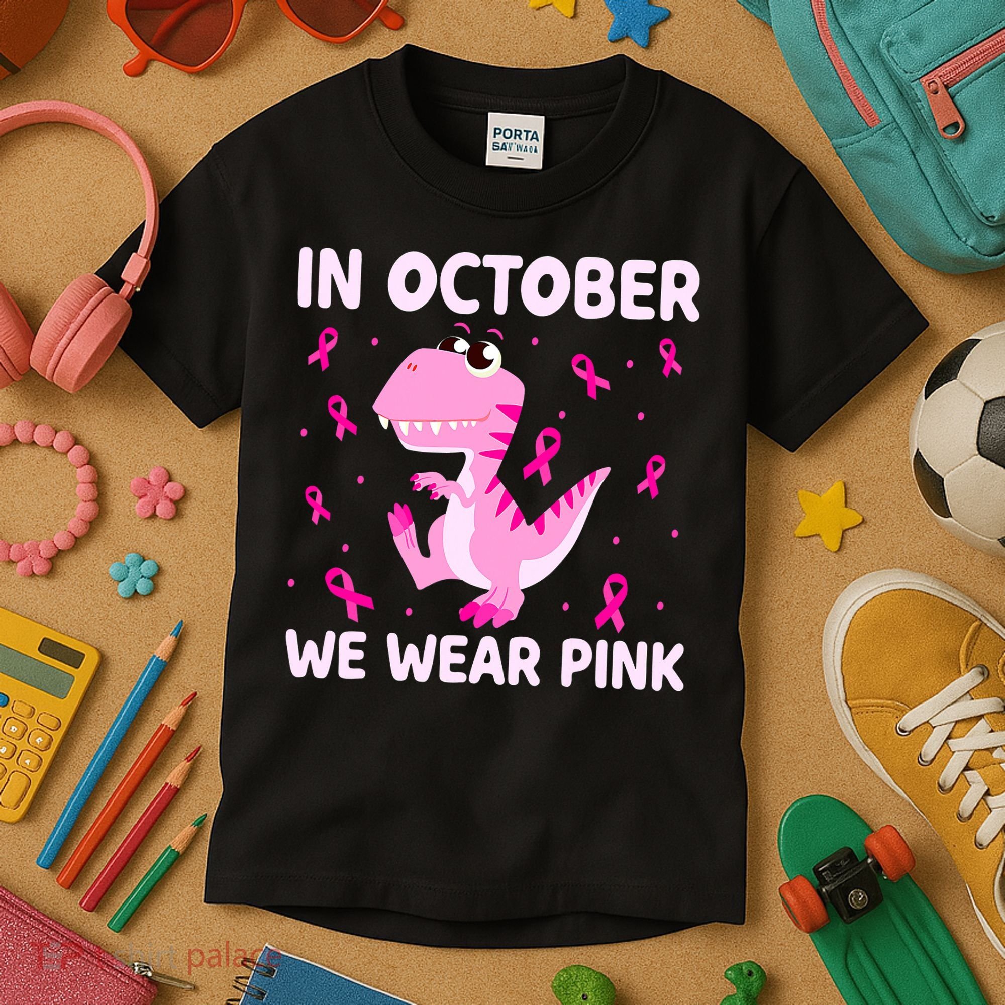 Dinosaur In October We Wear Pink Breast Cancer Boys Kids T-Shirt