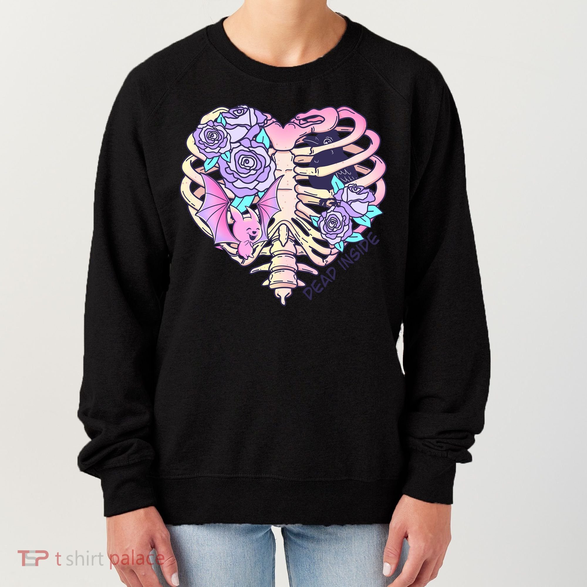 Dead Inside Pink Skeleton Chest Crow Heart Roses Halloween Gift Women's Sweatshirt